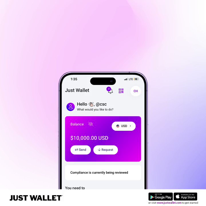 Just Wallet mobile app interface powered by B360X